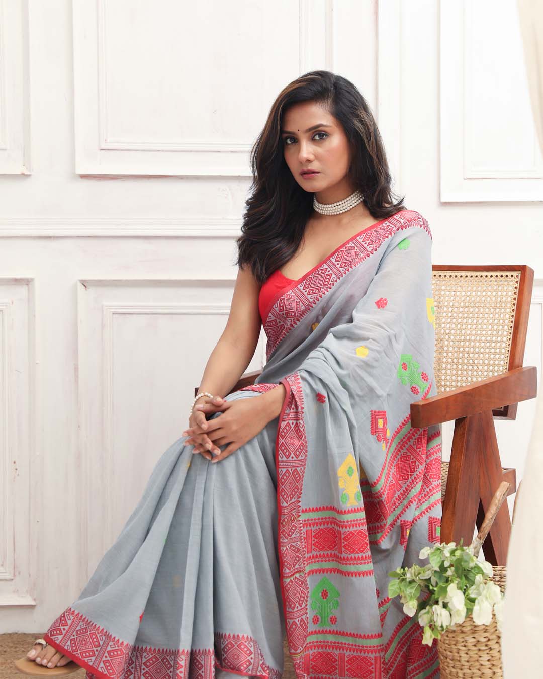 Jamdani Grey Woven Design Daily Wear  Saree