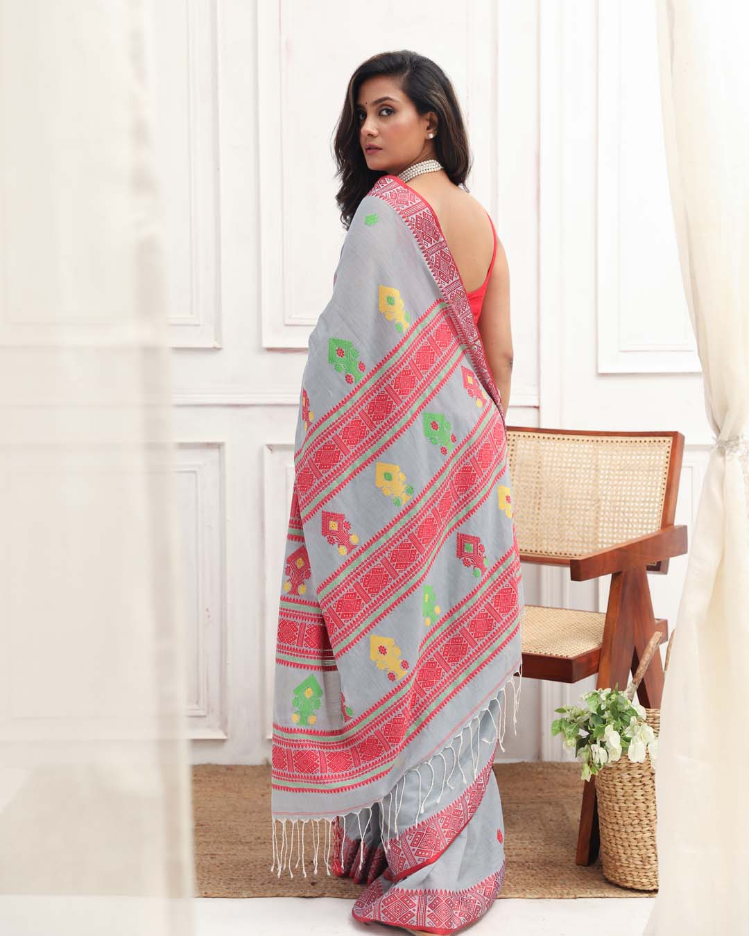 Jamdani Grey Woven Design Daily Wear  Saree