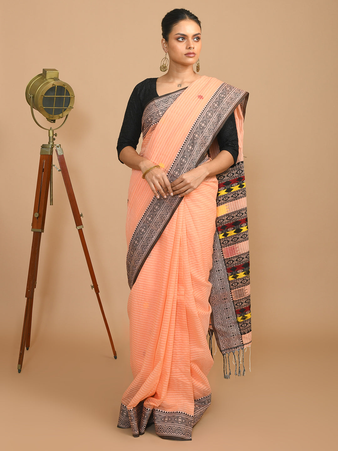 Jamdani Peach Woven Design Daily Wear  Saree