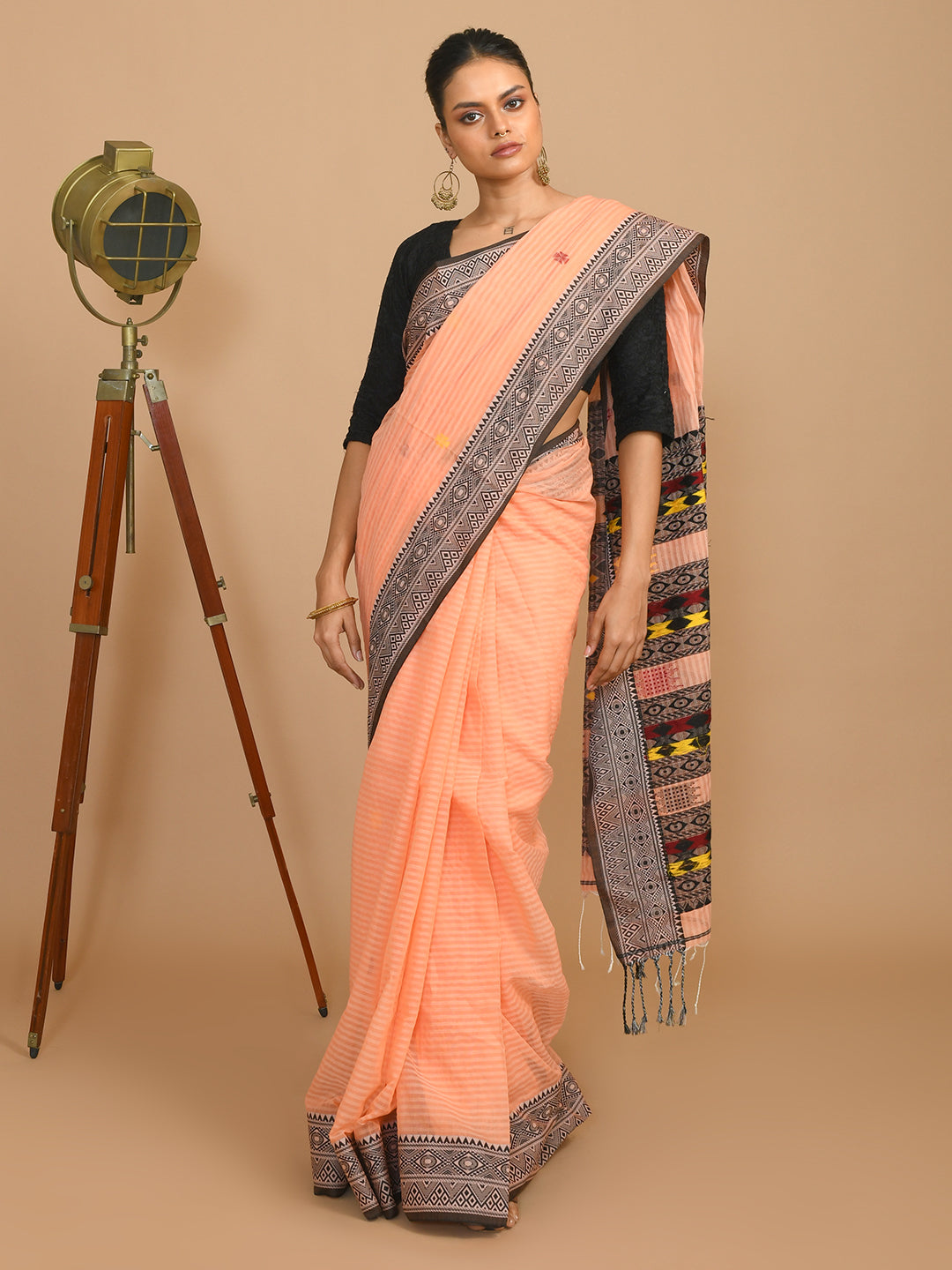 Jamdani Peach Woven Design Daily Wear  Saree