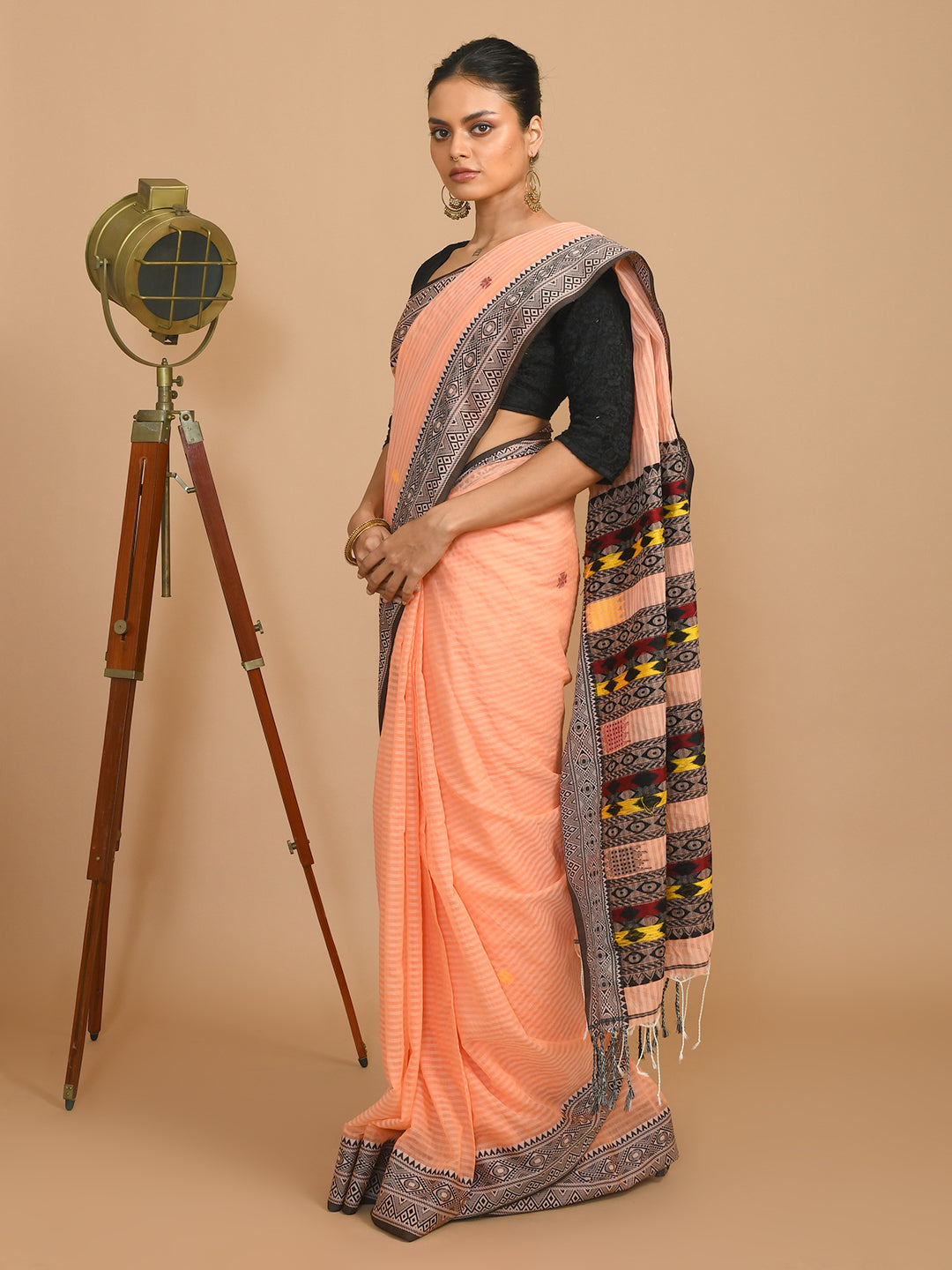 Jamdani Peach Woven Design Daily Wear  Saree