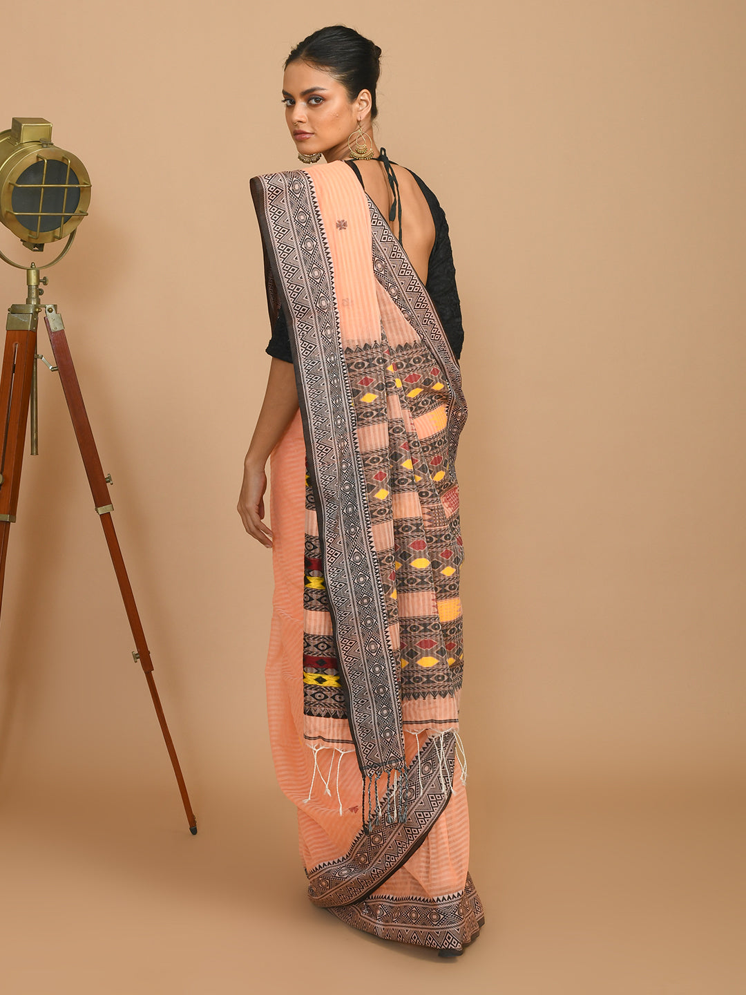 Jamdani Peach Woven Design Daily Wear  Saree