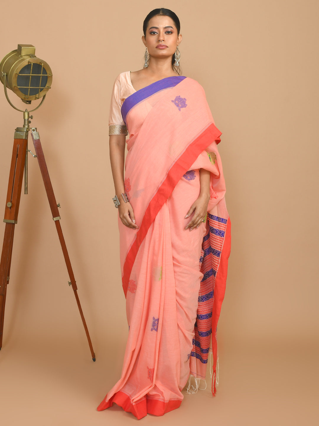 Jamdani Pink Woven Design Daily Wear  Saree