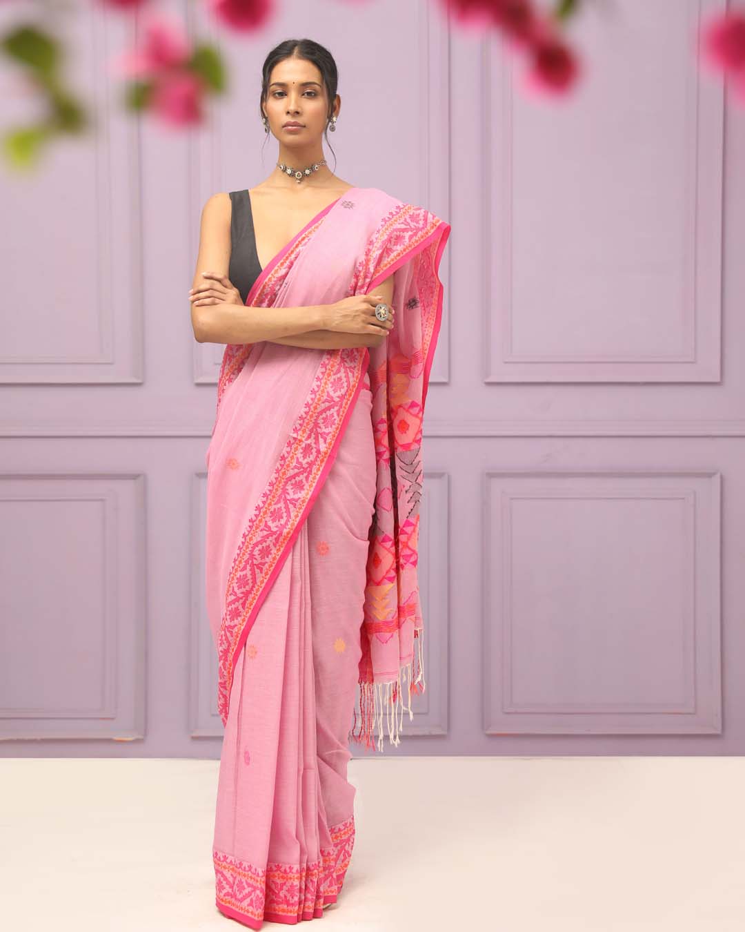 Jamdani Pink Woven Design Daily Wear  Saree