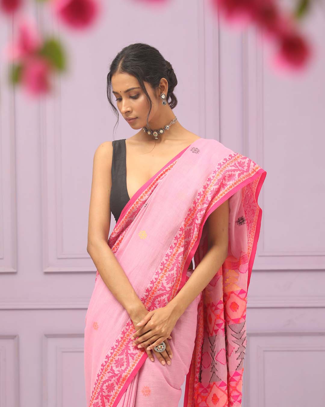 Jamdani Pink Woven Design Daily Wear  Saree