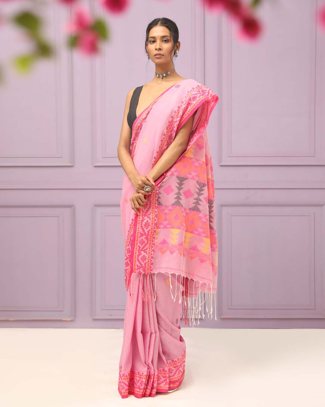 Jamdani Pink Woven Design Daily Wear  Saree