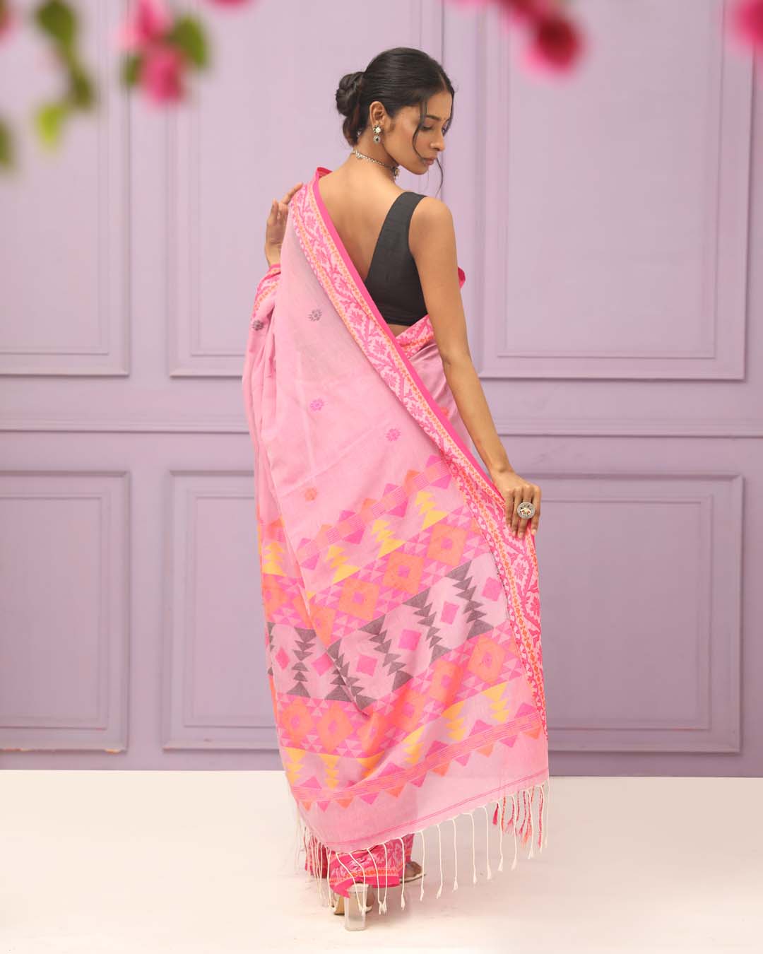 Jamdani Pink Woven Design Daily Wear  Saree