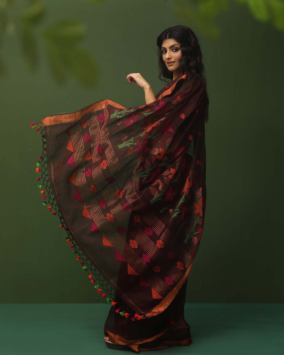 Jamdani Brown Woven Design Work Wear  Saree