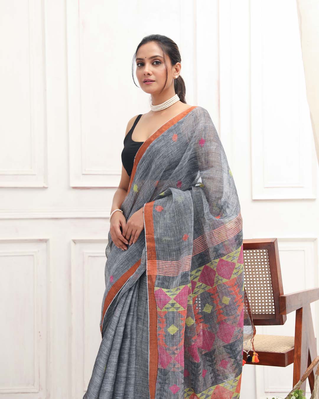 Jamdani Grey Woven Design Work Wear  Saree