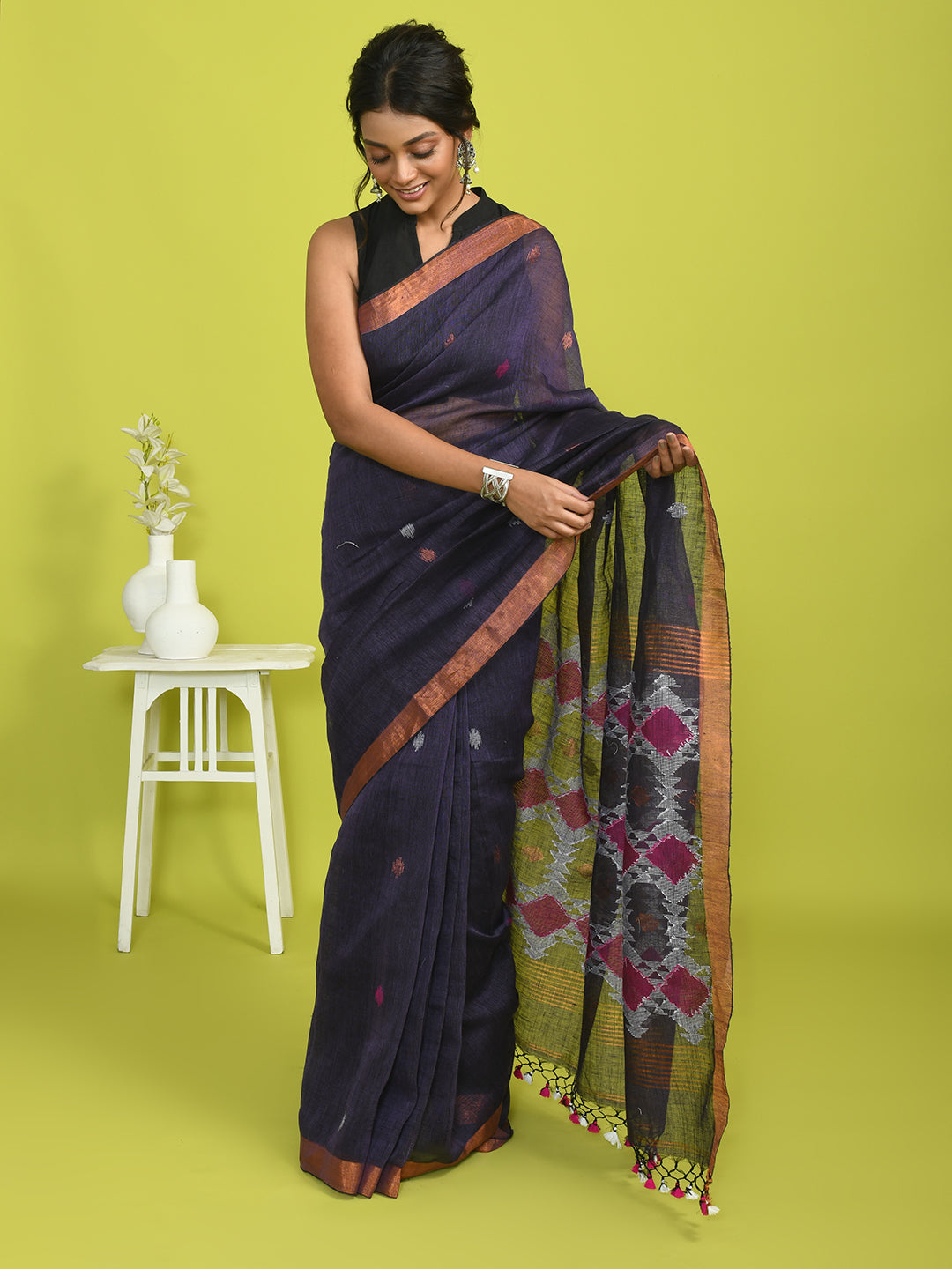 Jamdani Purple Woven Design Work Wear  Saree