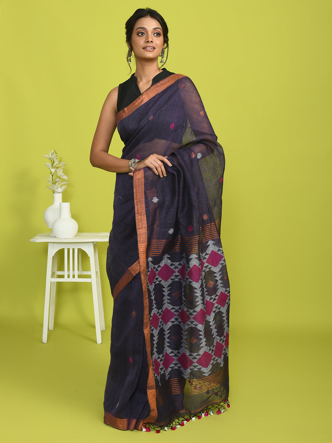 Jamdani Purple Woven Design Work Wear  Saree