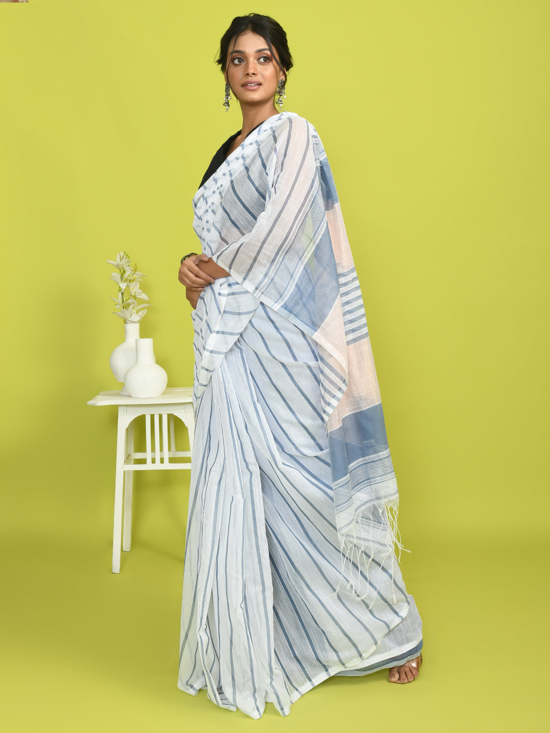 White Striped Daily Wear  Saree