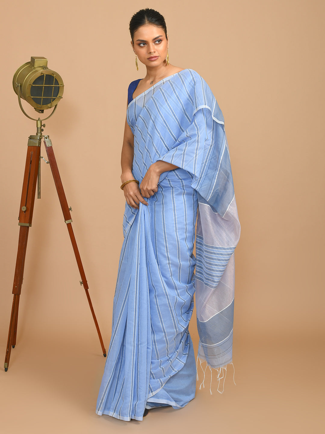 Blue Striped Daily Wear  Saree