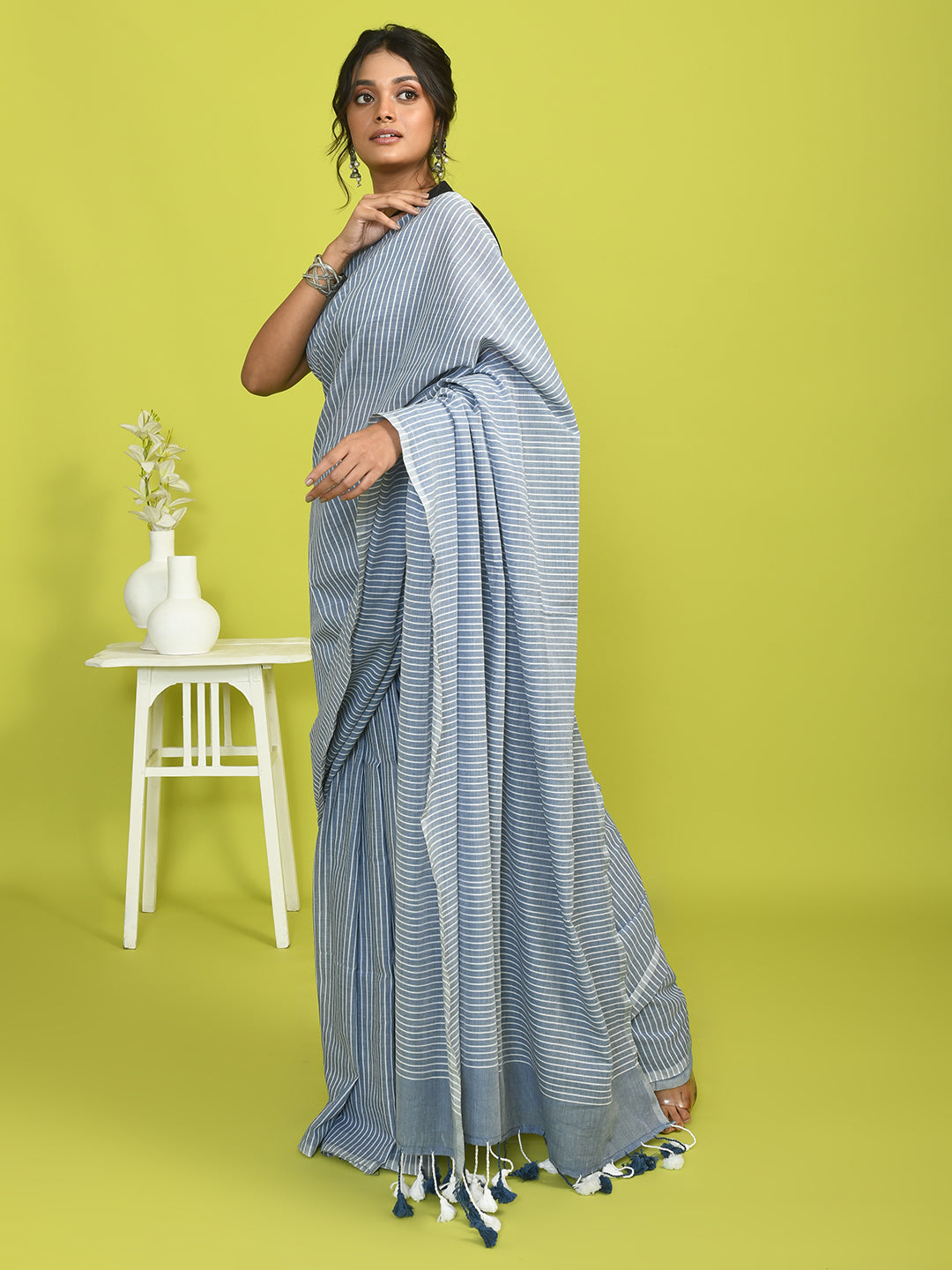 Grey Striped Daily Wear  Saree