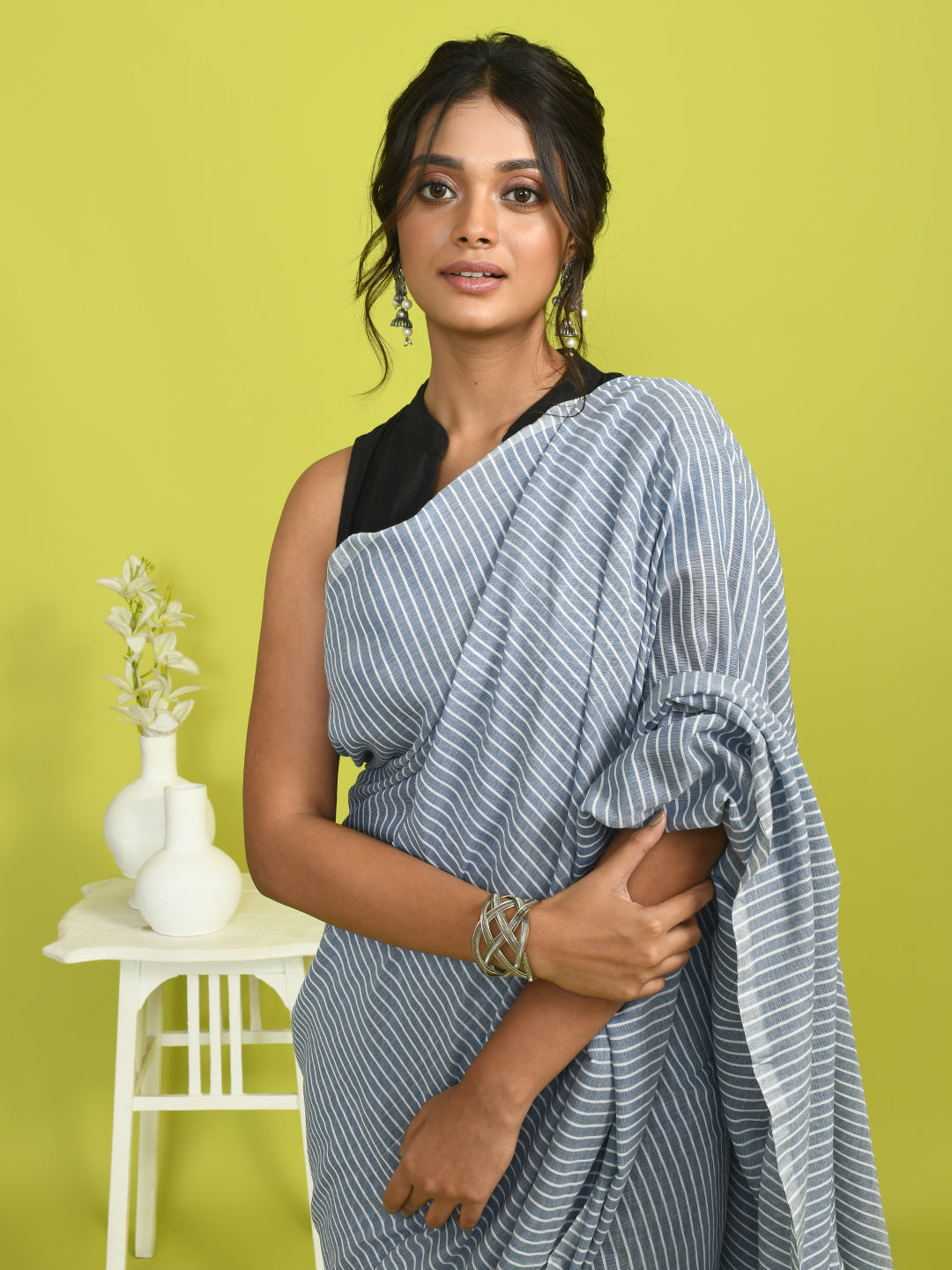 Grey Striped Daily Wear  Saree