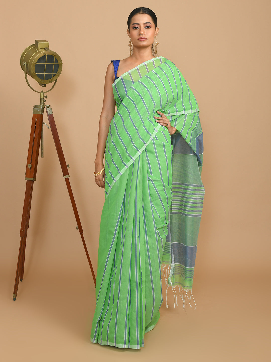 Lime Green Striped Daily Wear  Saree