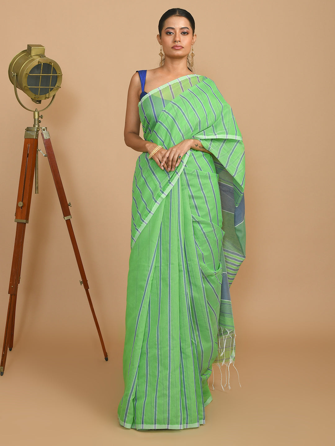 Lime Green Striped Daily Wear  Saree