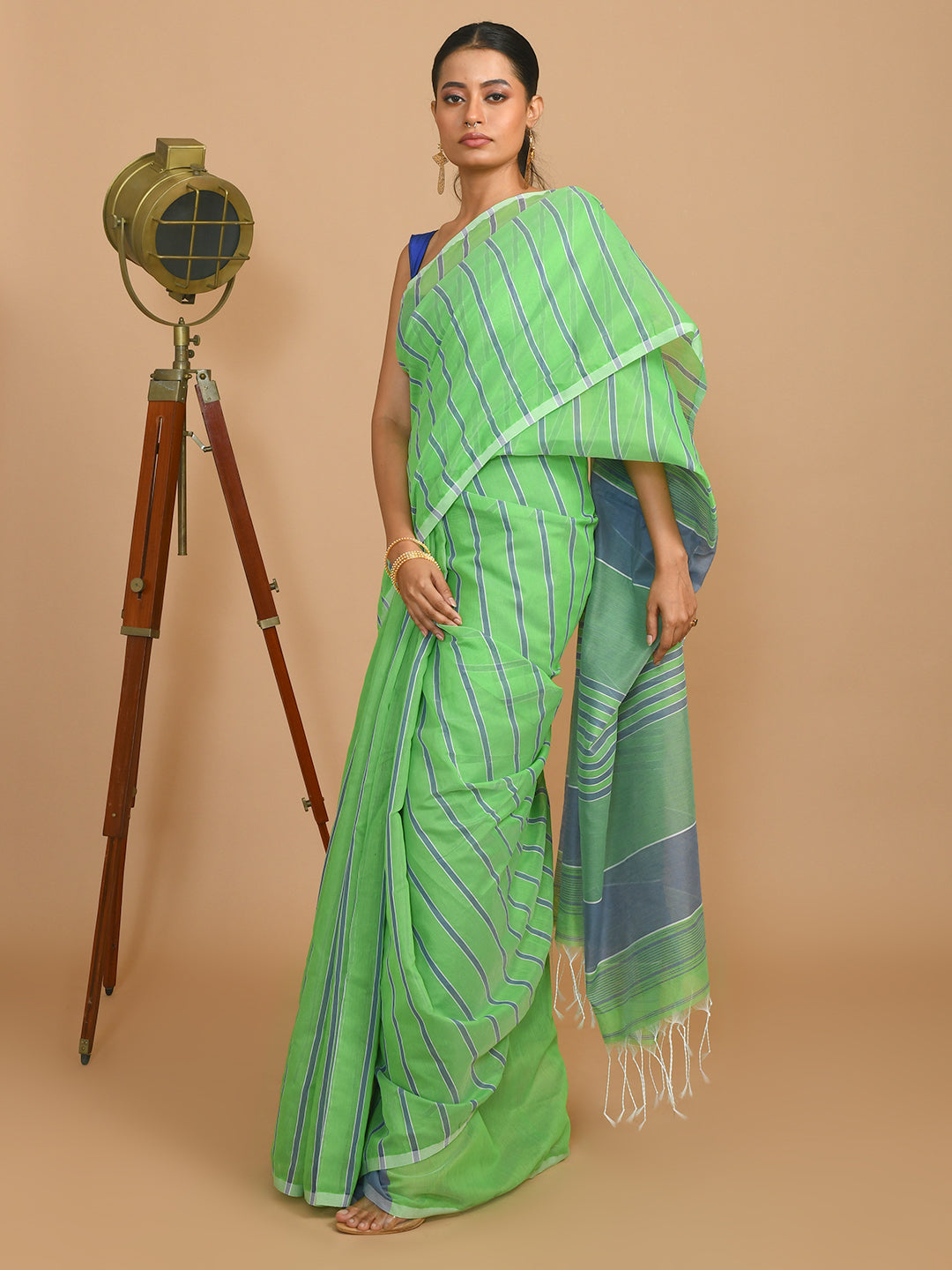 Lime Green Striped Daily Wear  Saree