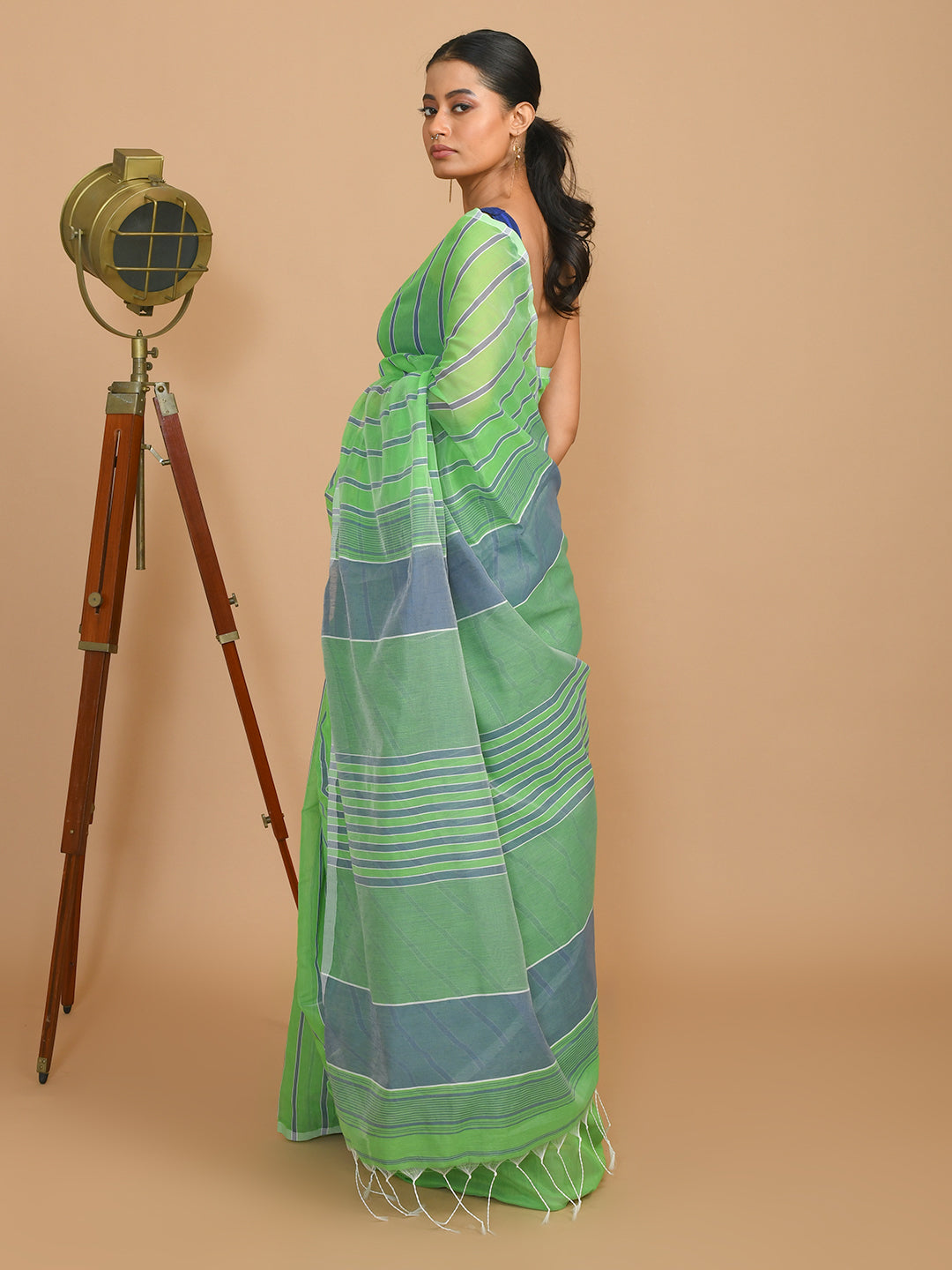 Lime Green Striped Daily Wear  Saree