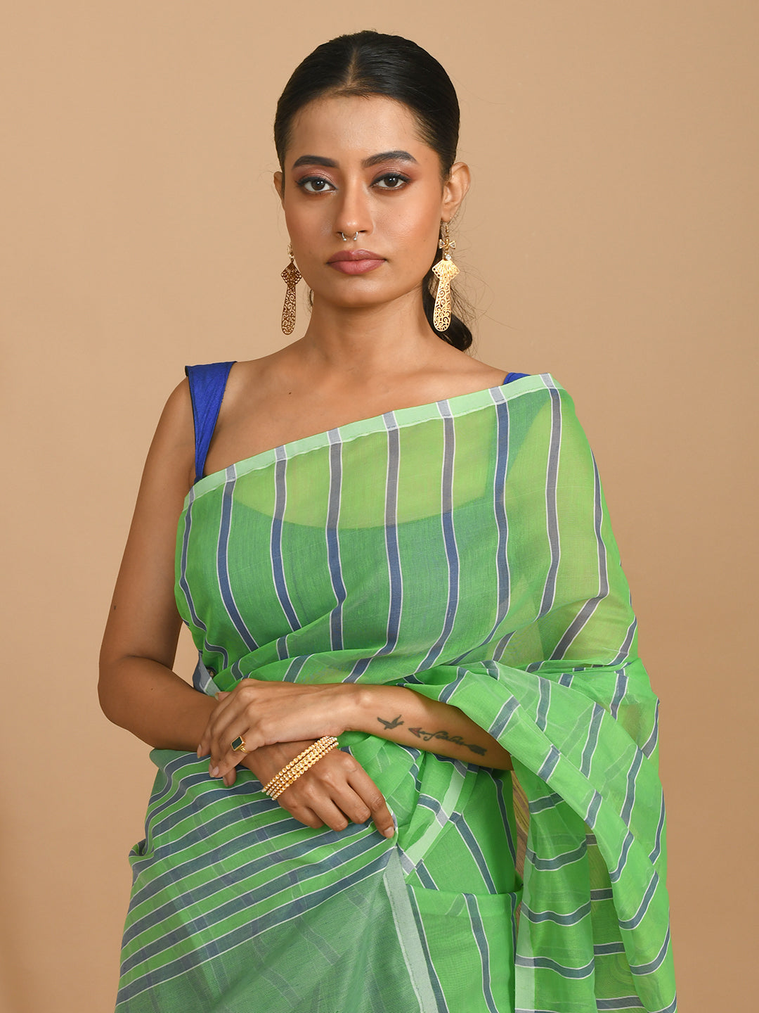 Lime Green Striped Daily Wear  Saree