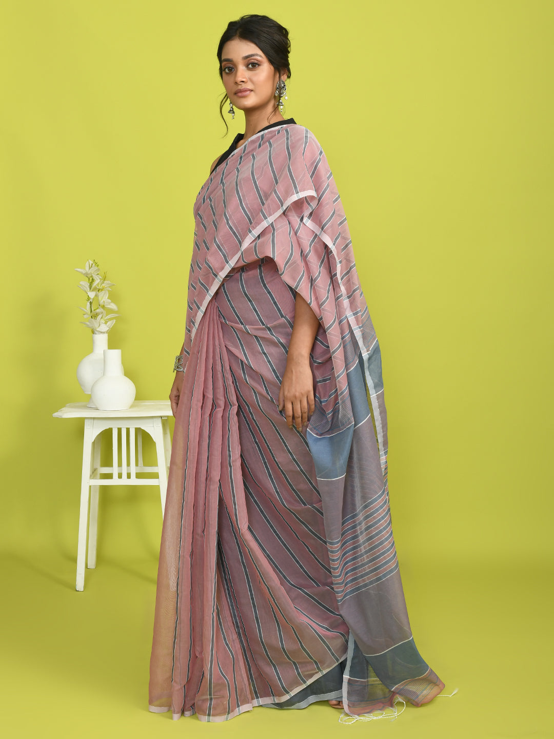 Pink Striped Daily Wear  Saree