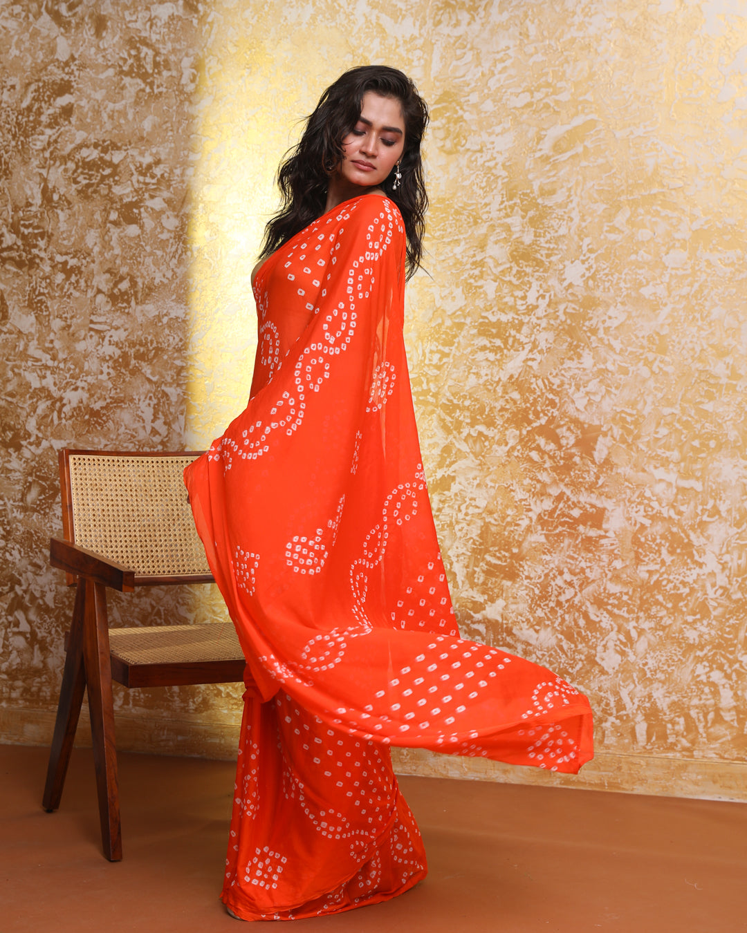 Bandhani Orange Printed Daily Wear  Saree