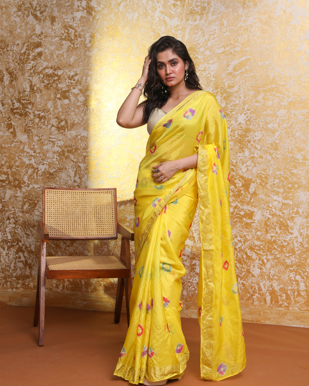 Bandhani Lemon Printed  Wear  Saree