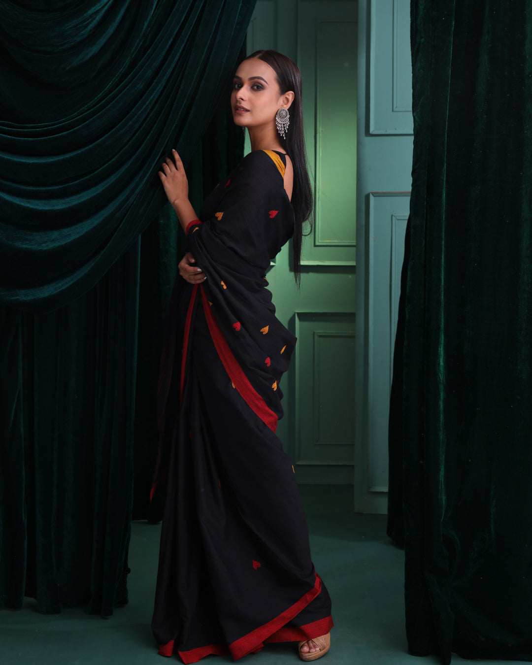 Taant Black Woven Design Work Wear  Saree