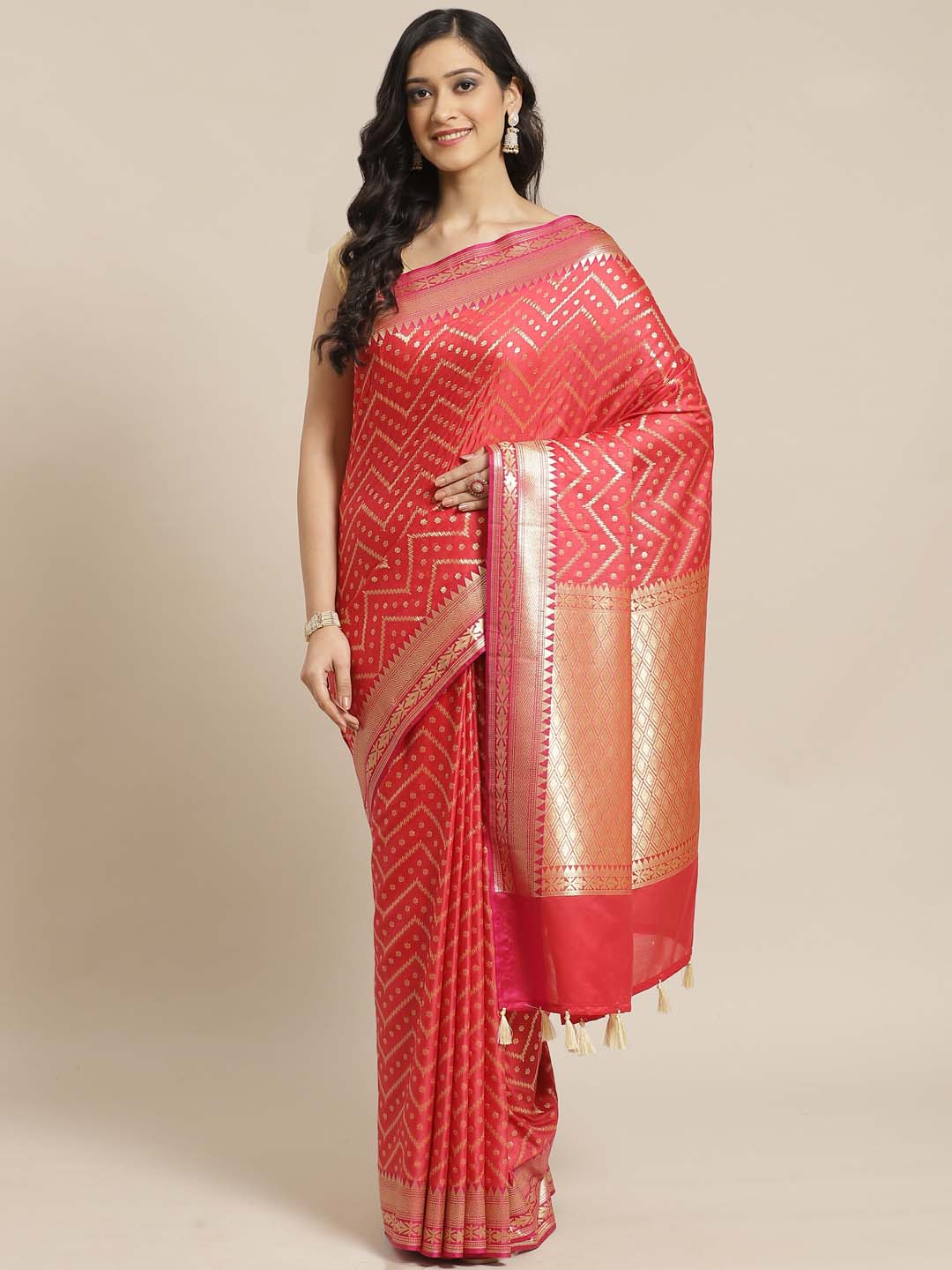 Indethnic Banarasi Red Woven Design Party Wear Saree - View 1