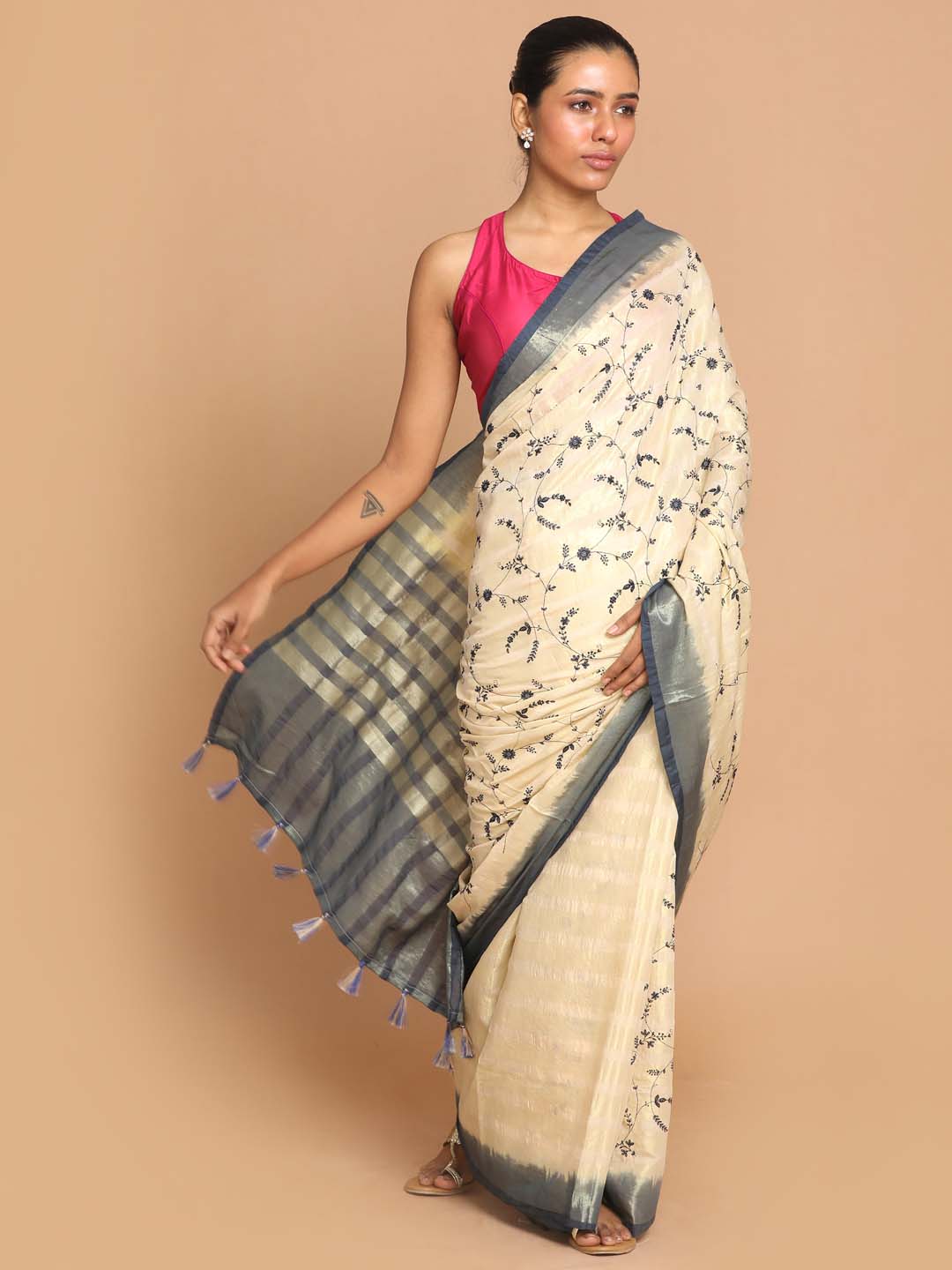 Indethnic Banarasi Beige Embroidered Daily Wear Saree - View 1