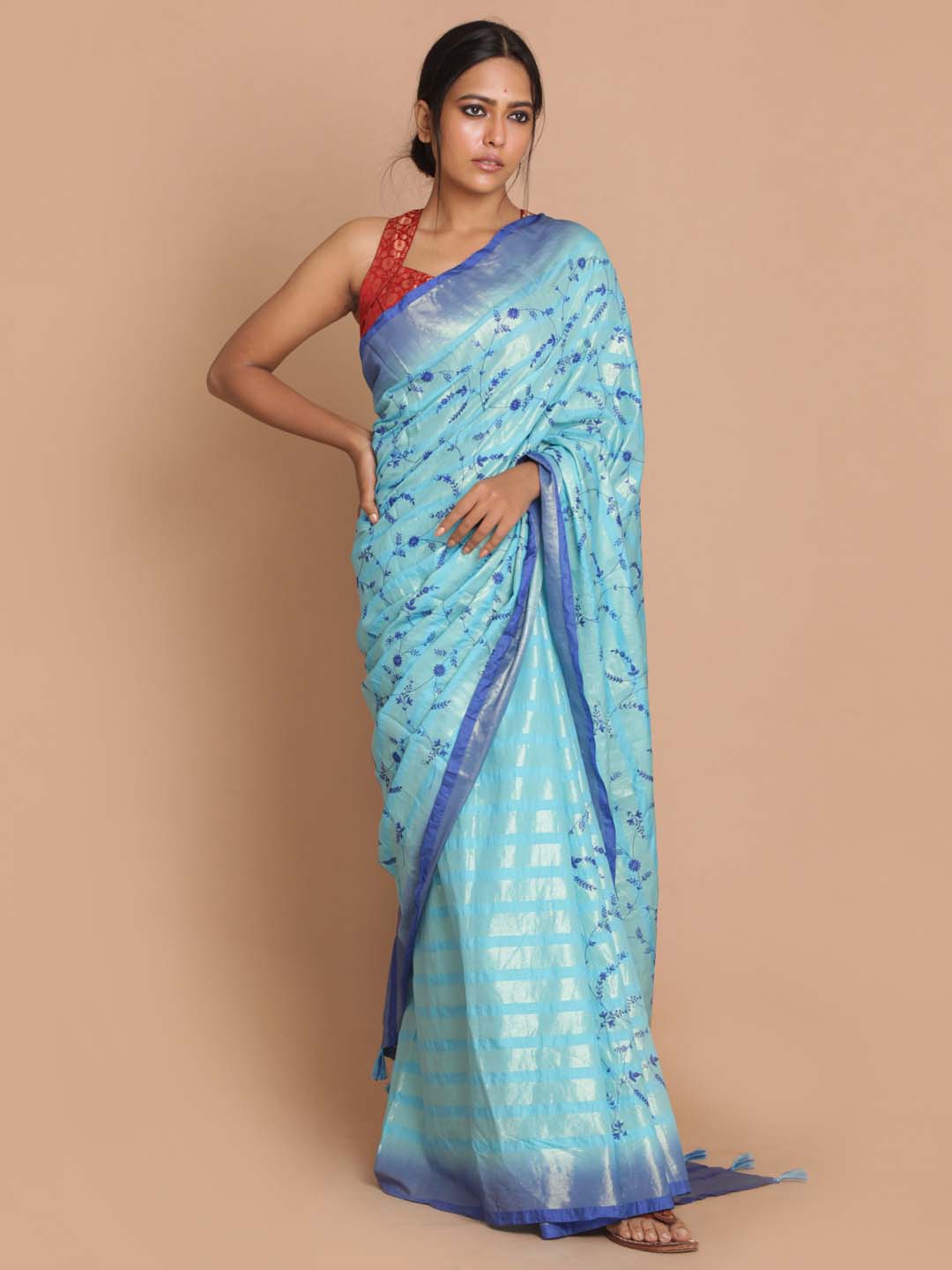 Indethnic Banarasi Blue Embroidered Daily Wear Saree - View 1