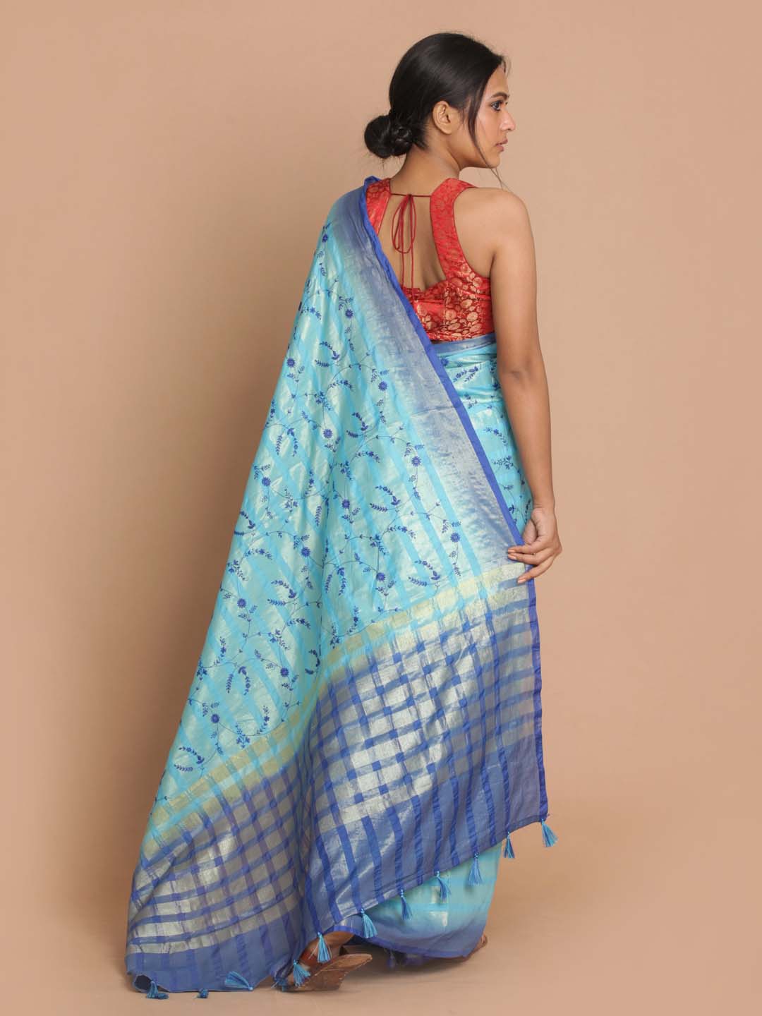Indethnic Banarasi Blue Embroidered Daily Wear Saree - View 3