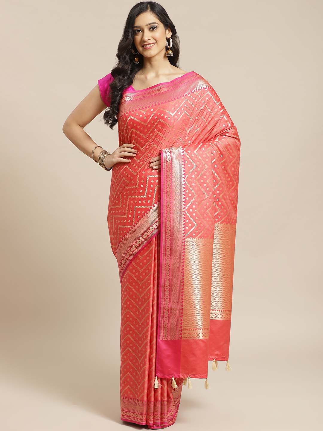 Indethnic Banarasi Coral Woven Design Party Wear Saree - View 1