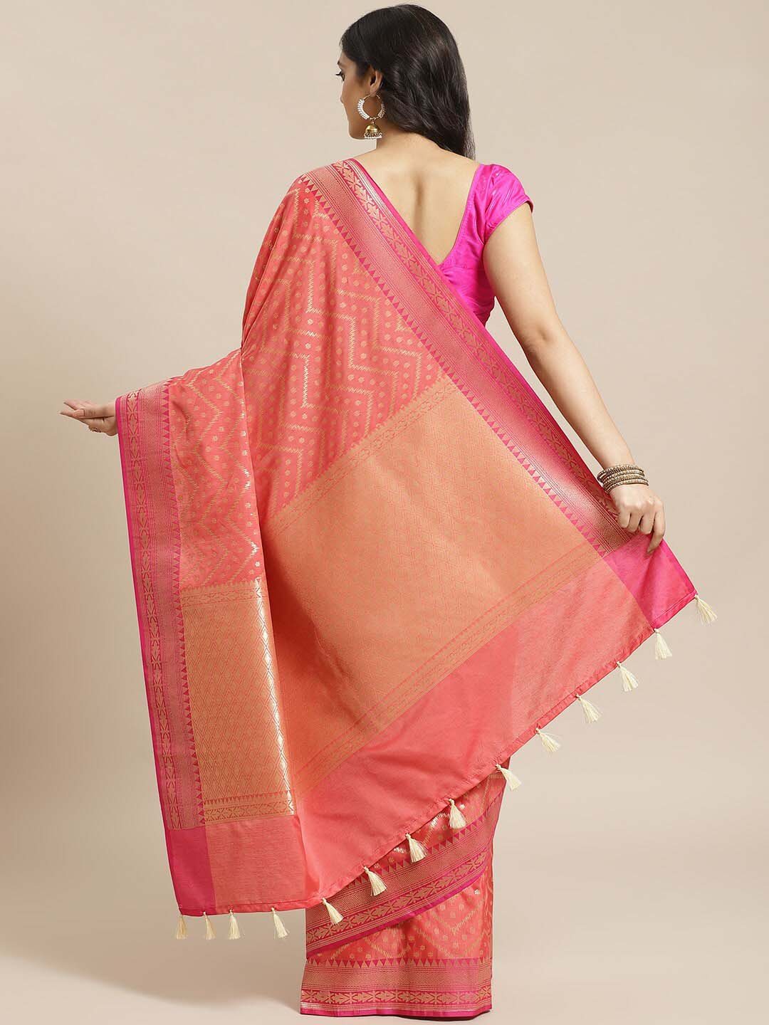 Indethnic Banarasi Coral Woven Design Party Wear Saree - View 2