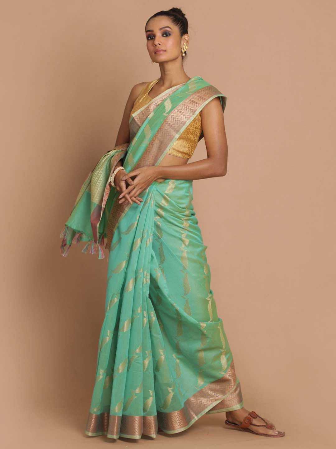 Indethnic Banarasi Green Woven Design Party Wear Saree - View 1