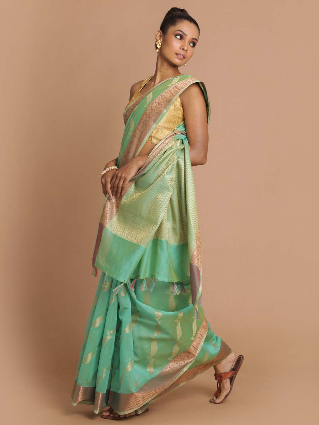 Indethnic Banarasi Green Woven Design Party Wear Saree - View 1