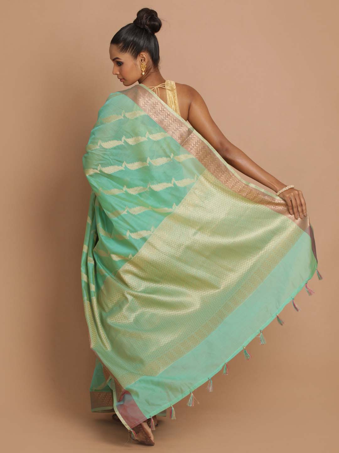 Indethnic Banarasi Green Woven Design Party Wear Saree - View 3