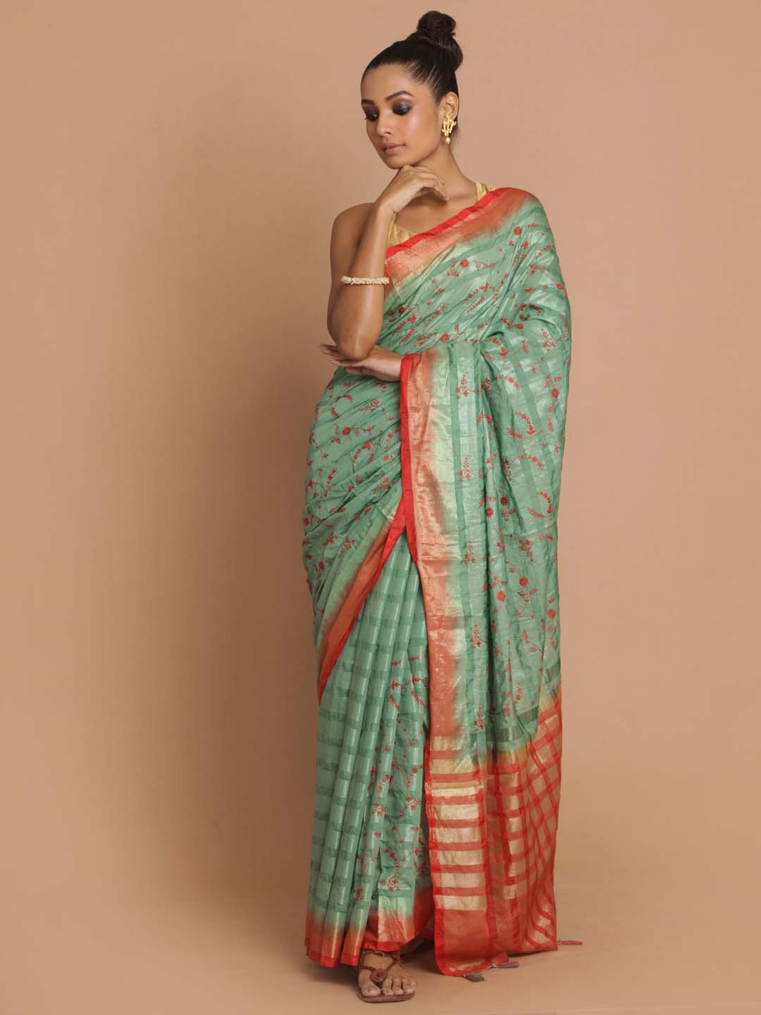 Indethnic Banarasi Green Embroidered Daily Wear Saree - View 1