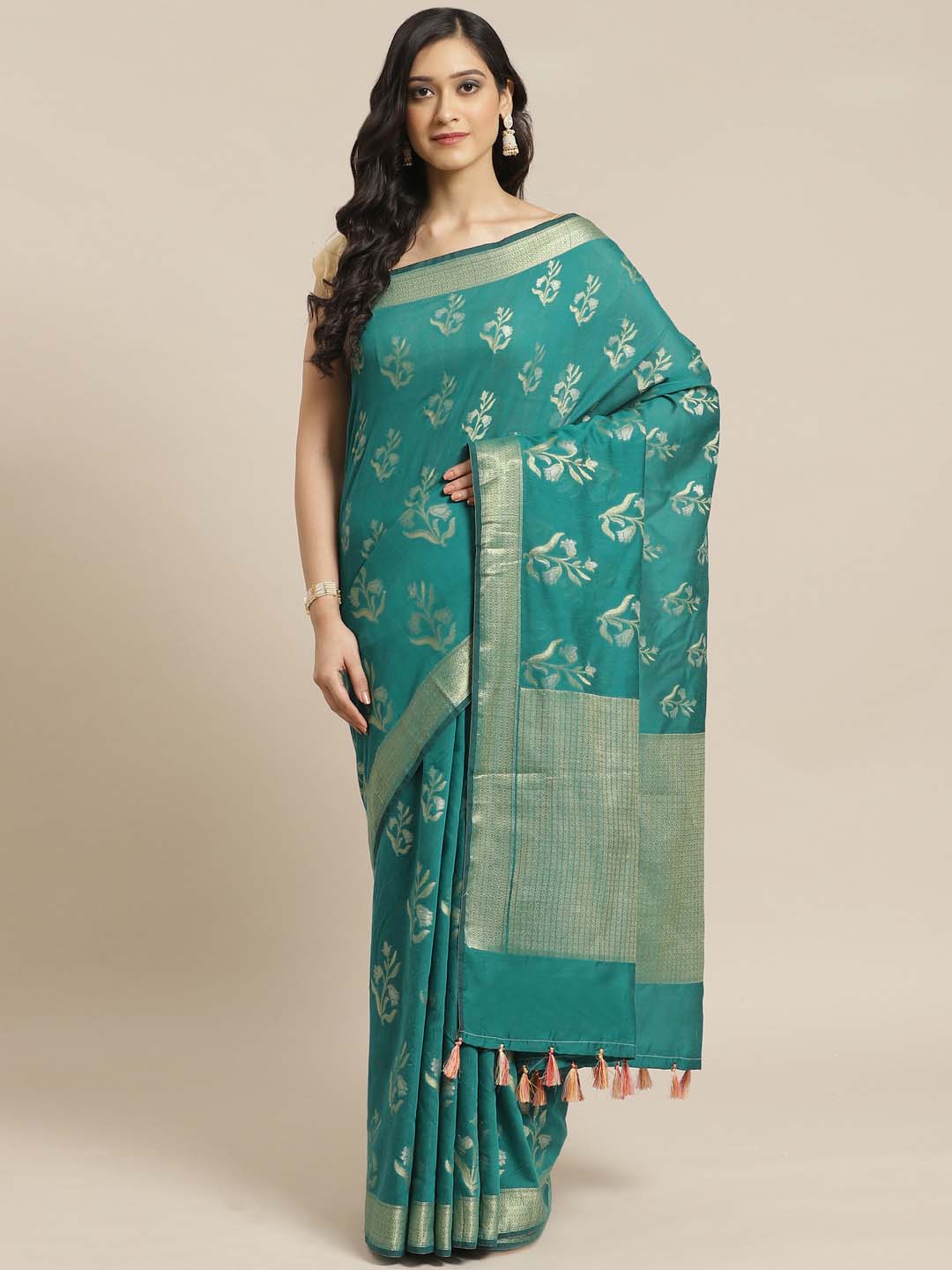 Indethnic Banarasi Green Woven Design Daily Wear Saree - View 1