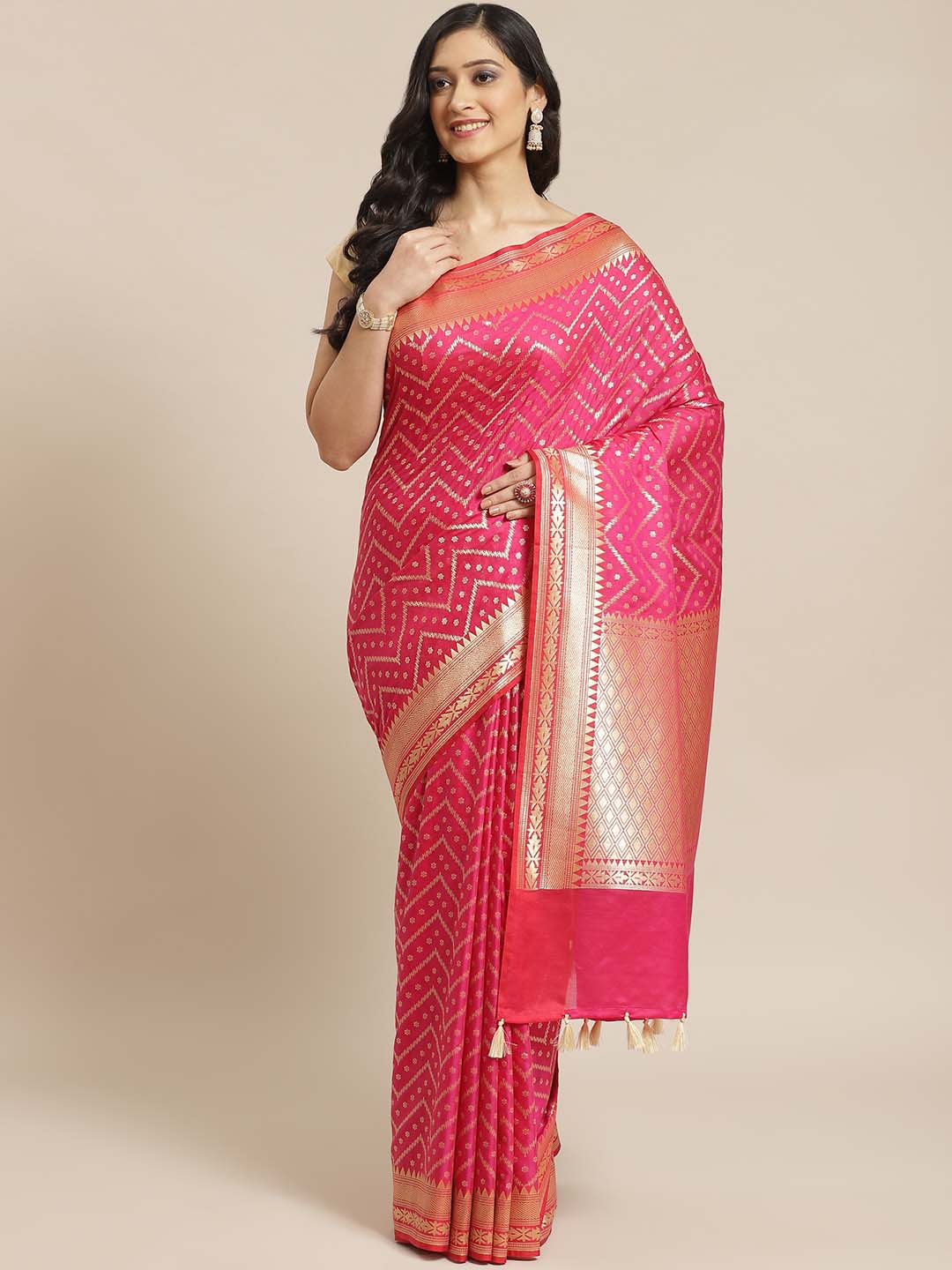 Indethnic Banarasi Magenta Woven Design Party Wear Saree - View 1