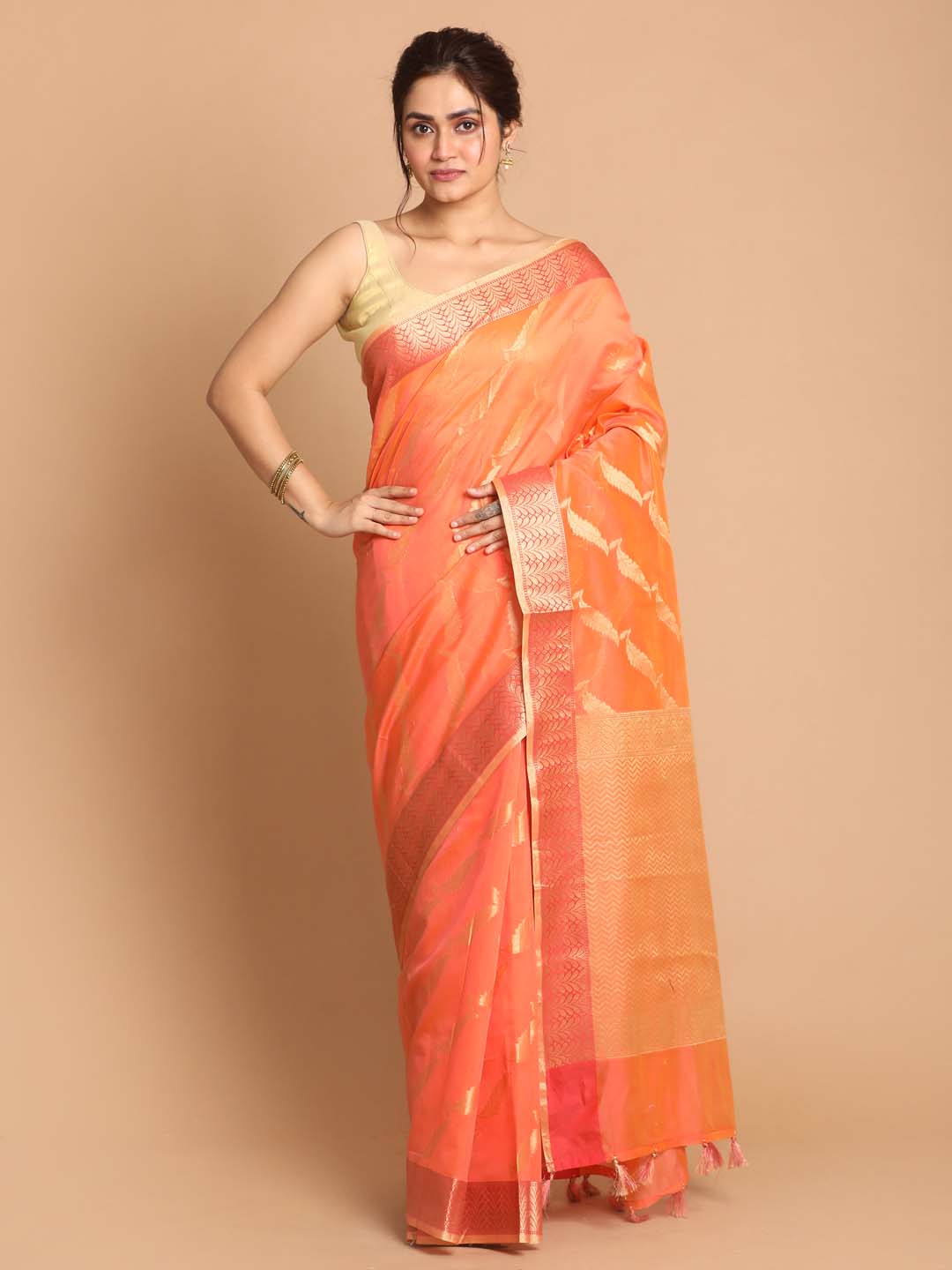 Indethnic Banarasi Orange Woven Design Party Wear Saree - View 1