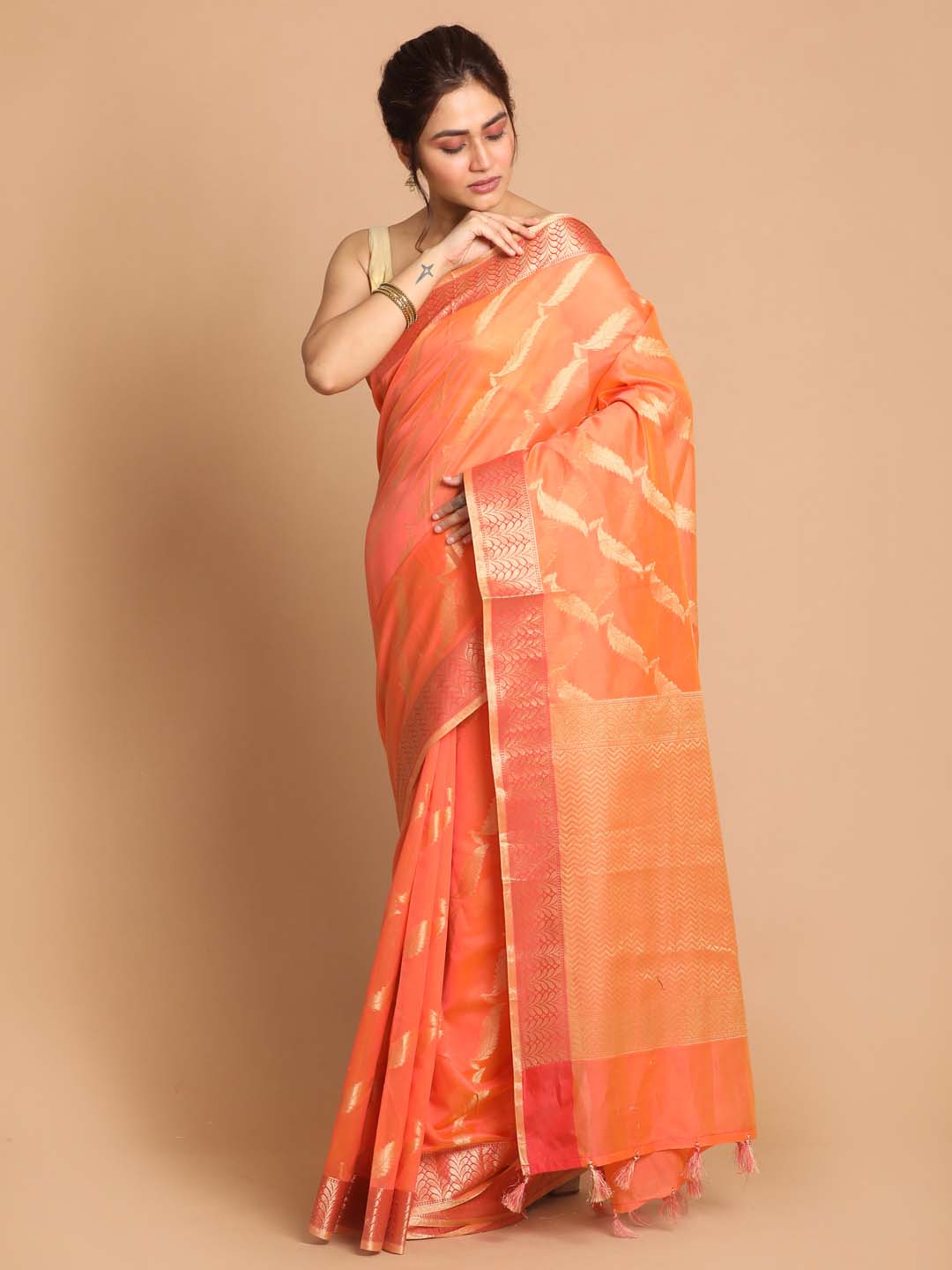 Indethnic Banarasi Orange Woven Design Party Wear Saree - View 1