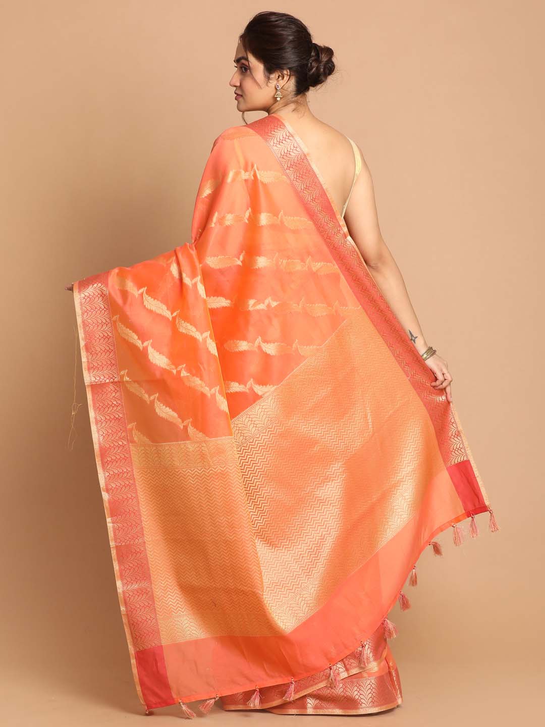Indethnic Banarasi Orange Woven Design Party Wear Saree - View 3