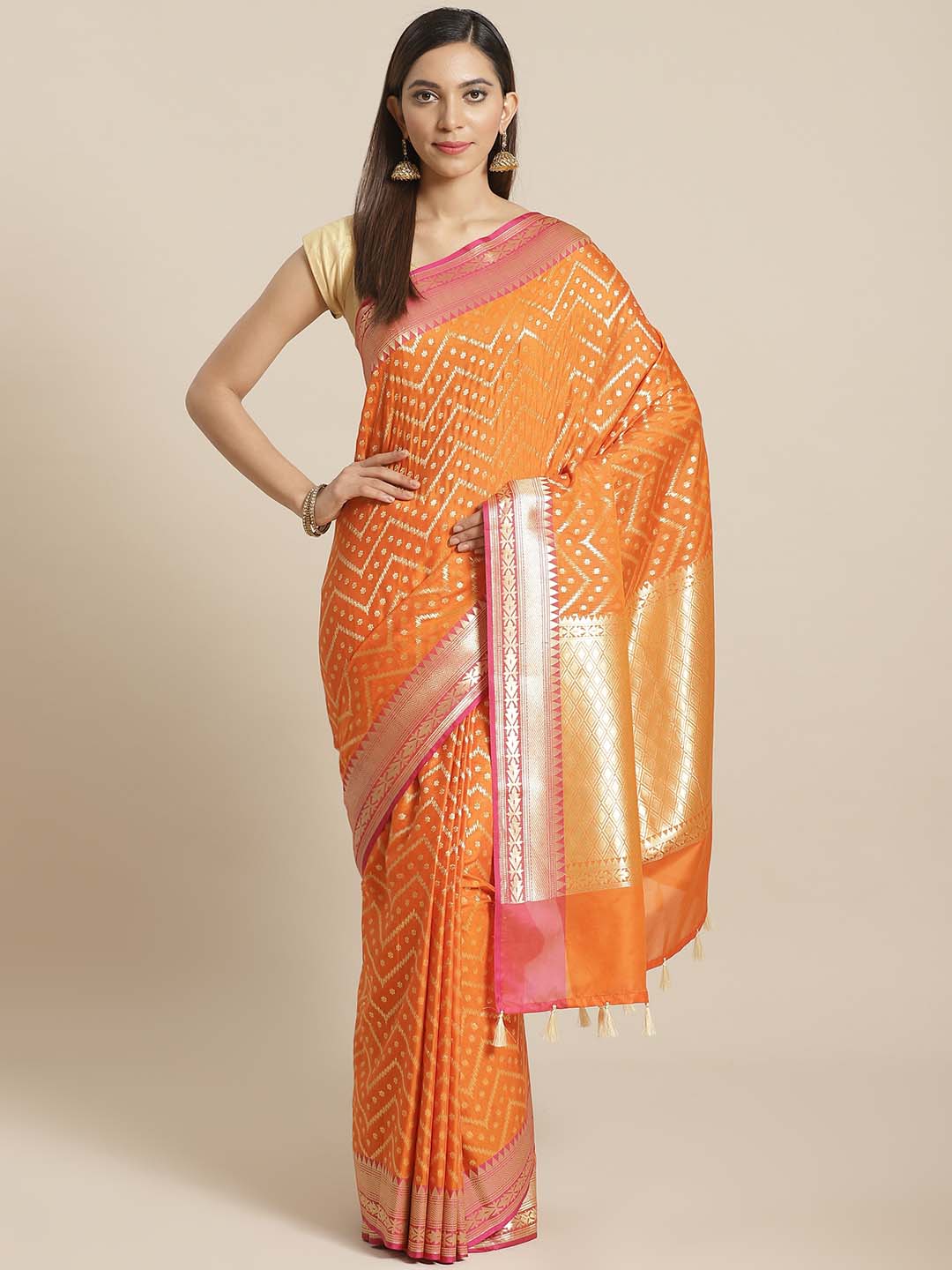 Indethnic Banarasi Orange Woven Design Party Wear Saree - View 1