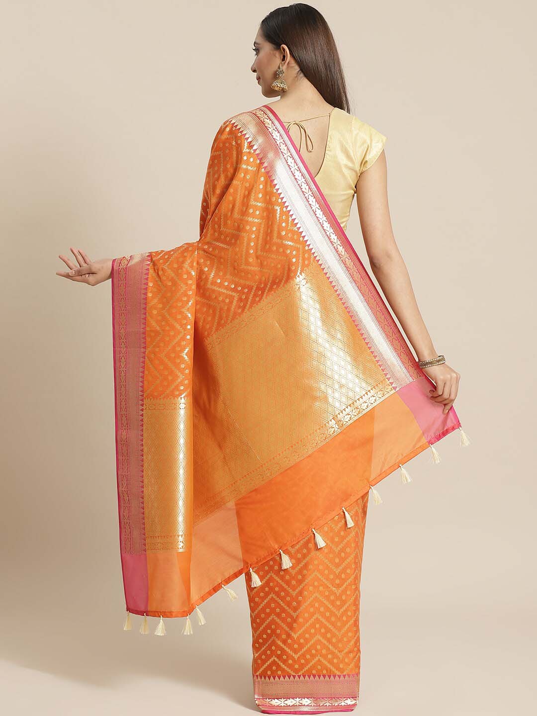 Indethnic Banarasi Orange Woven Design Party Wear Saree - View 2