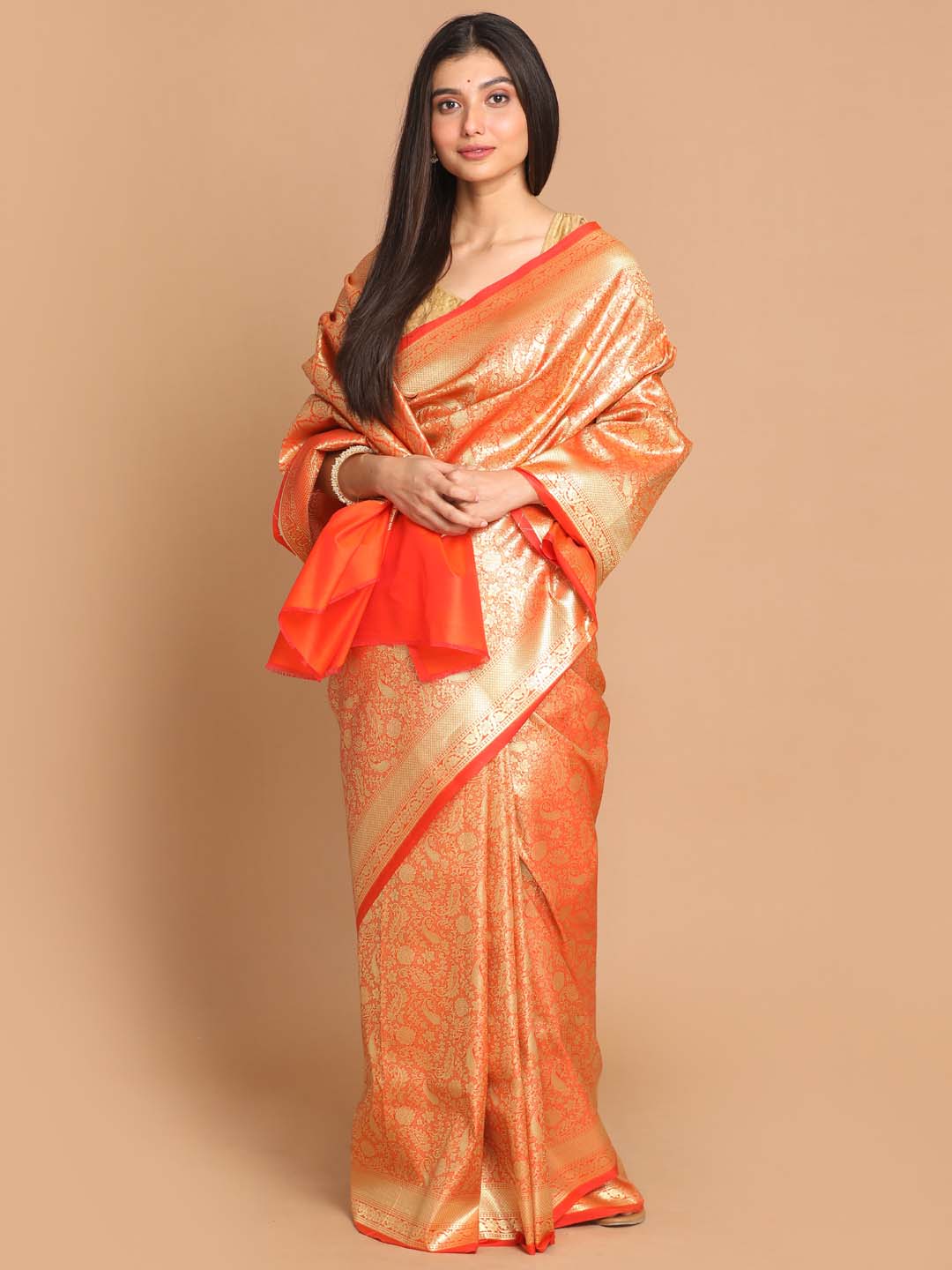 Indethnic Banarasi Orange Woven Design Festive Wear Saree - View 1