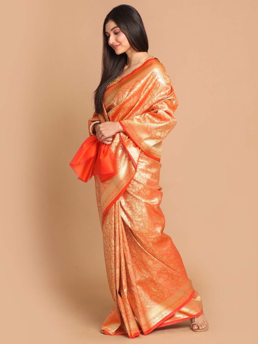 Indethnic Banarasi Orange Woven Design Festive Wear Saree - View 2