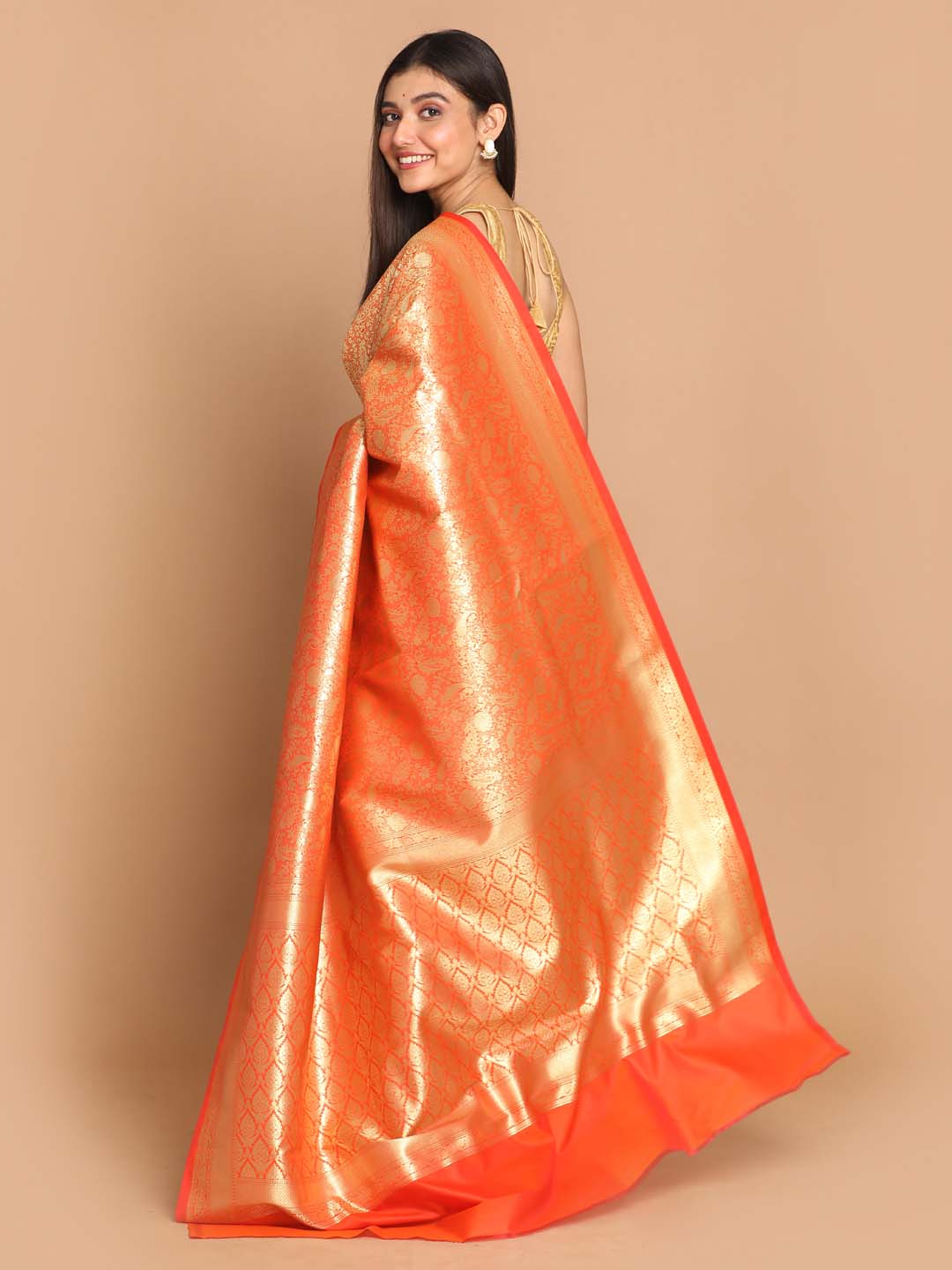 Indethnic Banarasi Orange Woven Design Festive Wear Saree - View 3