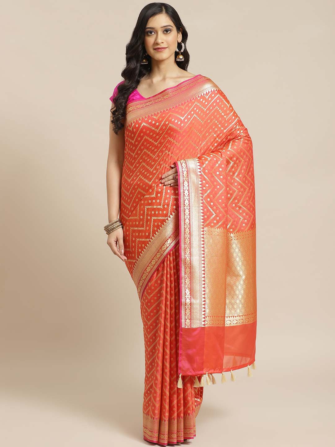 Indethnic Banarasi Rust Woven Design Party Wear Saree - View 1