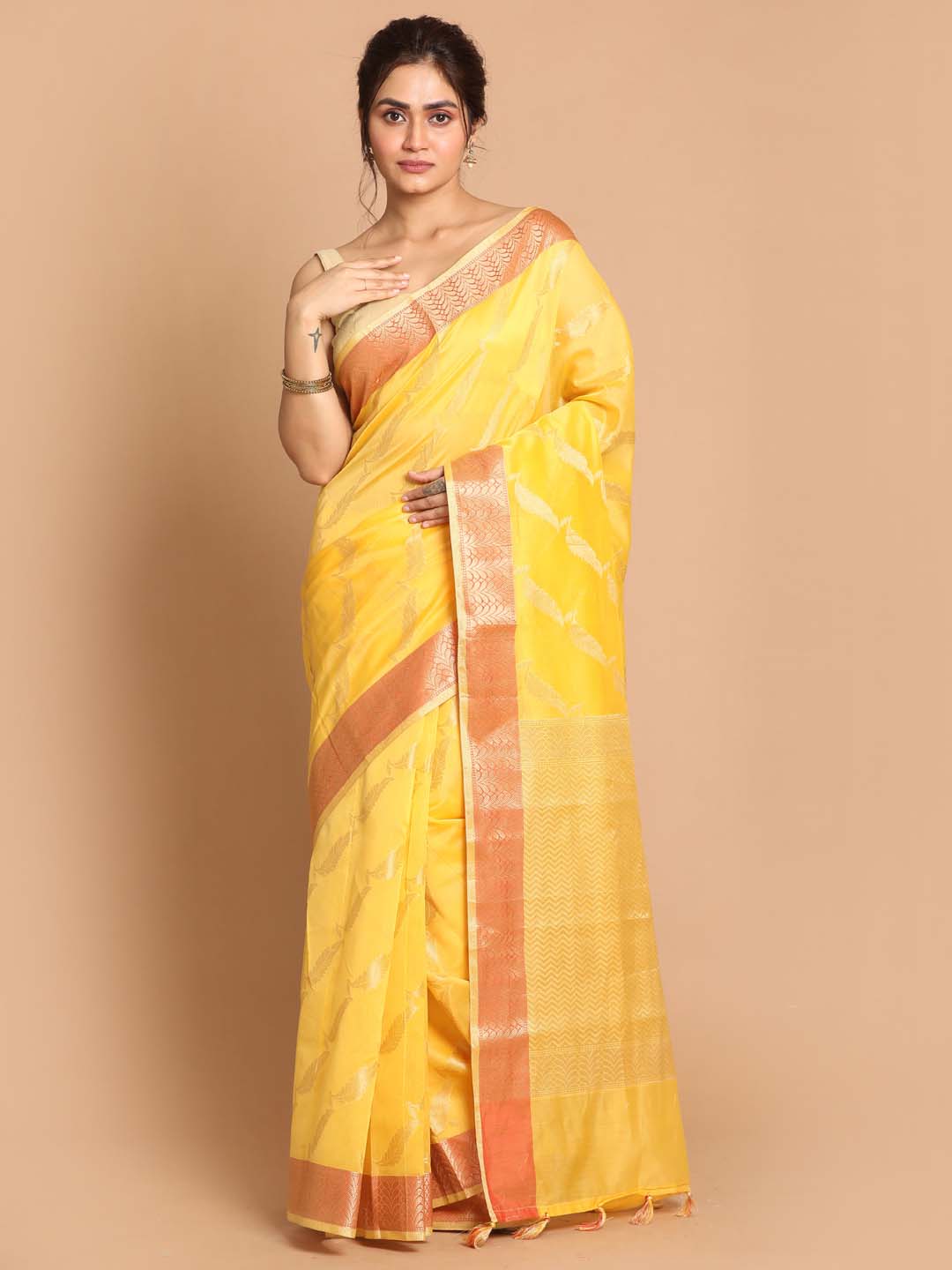 Indethnic Banarasi Yellow Woven Design Party Wear Saree - View 1